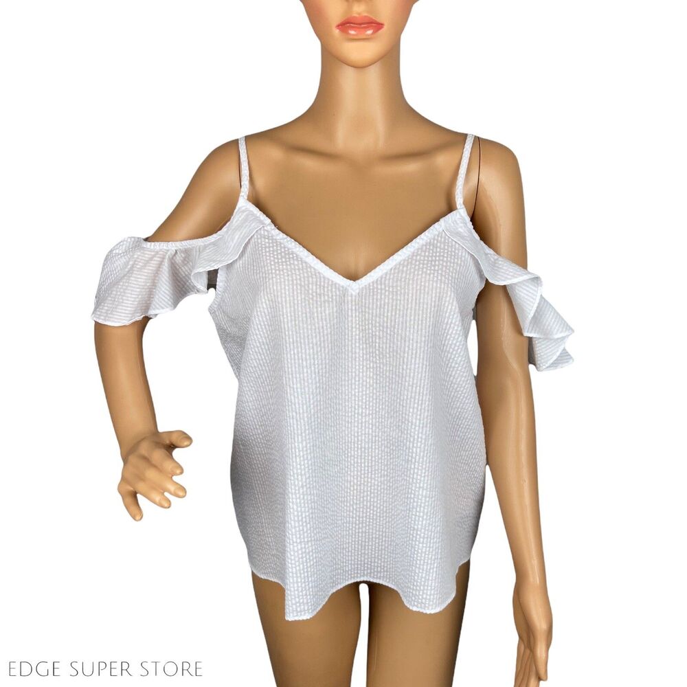 Aqua White Cold Off Open Shoulder Short Sleeve Seersucker Blouse Top Size Large